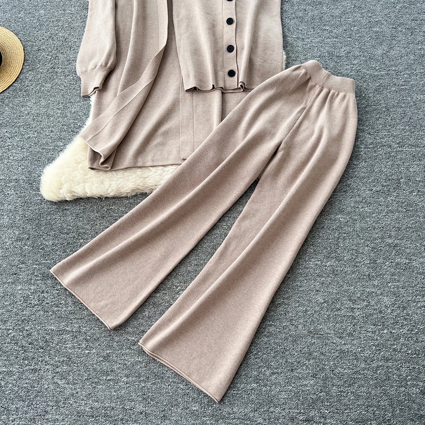 SINGREINY Autumn Knitted Warm Suits V Neck Buttons Vest+Full Sleeve Long Cardigans+Wide Legs Pants Women Solid Three Pieces Sets