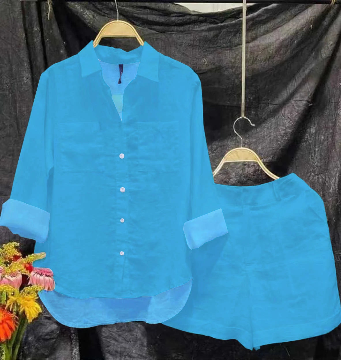 Fashion White Long Sleeve Shirt And Shorts Two Piece Sets Women 2025 Summer Cotton Linen Casual Home 2 Piece Set For Women