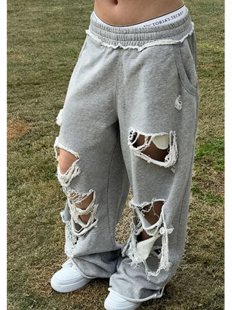 2025 New Distressed Gray Baggy Joggers Women Hip Hop Style Grunge Wide Leg Holes Sweatpants Oversized Gyaru Streetwear Trousers