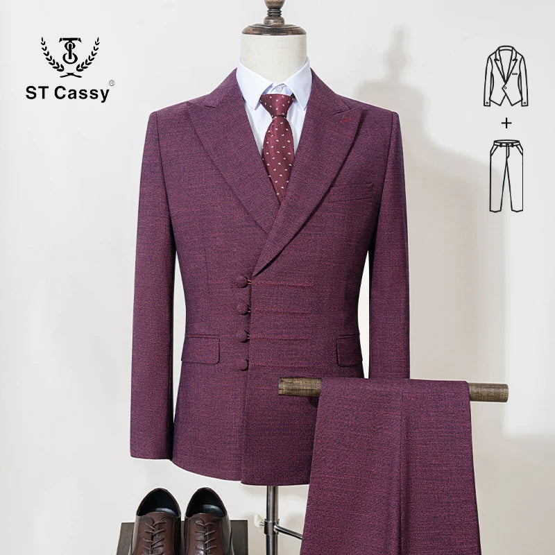 ST Cassy Elegant man suit for wedding peach Slim Fit Double Breasted Multiple buttons Casual Business man 2 piece outfit set