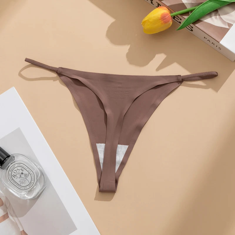 Women's Sexy Lightweight Ice Silk Seamless Knit Thong with Thin Straps - No Show Panty Underwear Lingerie Intimate Apparel