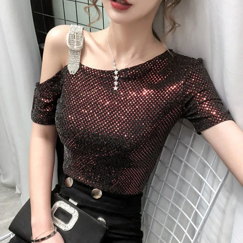 Sequin Off Shoulder Top Female Summer Outfit Clearance 2025 High Quality 90s Vintage Clothes Basic Women's Short Sleeve T-shirt