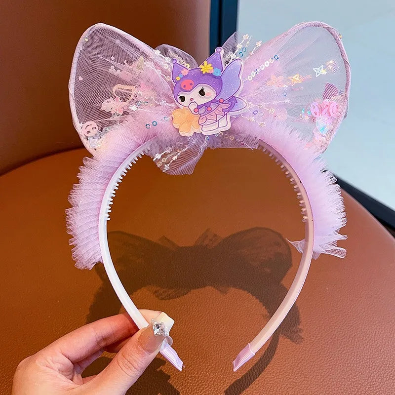 Kawaii Sanrio Kuromi Children Headband Hello Kitty Melody Cinnamoroll Cartoon Bow Shiny Hairband Hair Accessories Christmas Gift