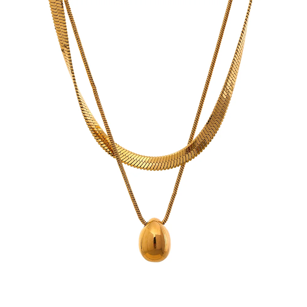 Yhpup Snake Chain Double Layer Stainless Steel Water Drop Pendant Necklace for Women Statement 18k Gold Color Jewelry Waterproof