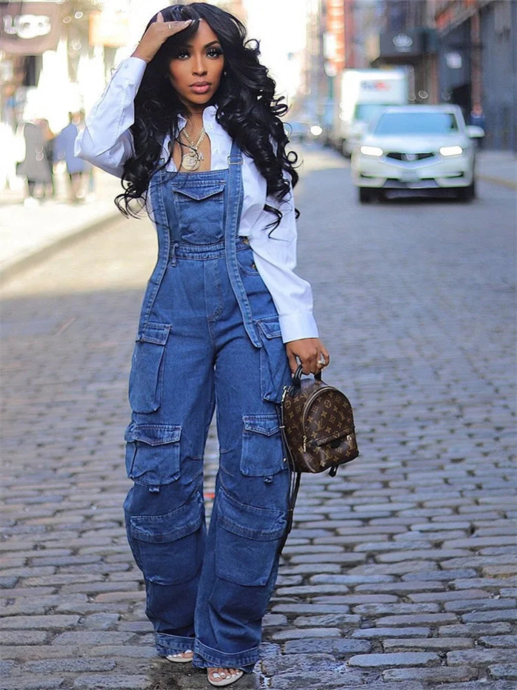 Wmstar Women Jumpsuit Fashion Rompers Streetwear Sleeveless Denim Vintage Loose Jeans Overalls Pockets Wide Leg Female Pants