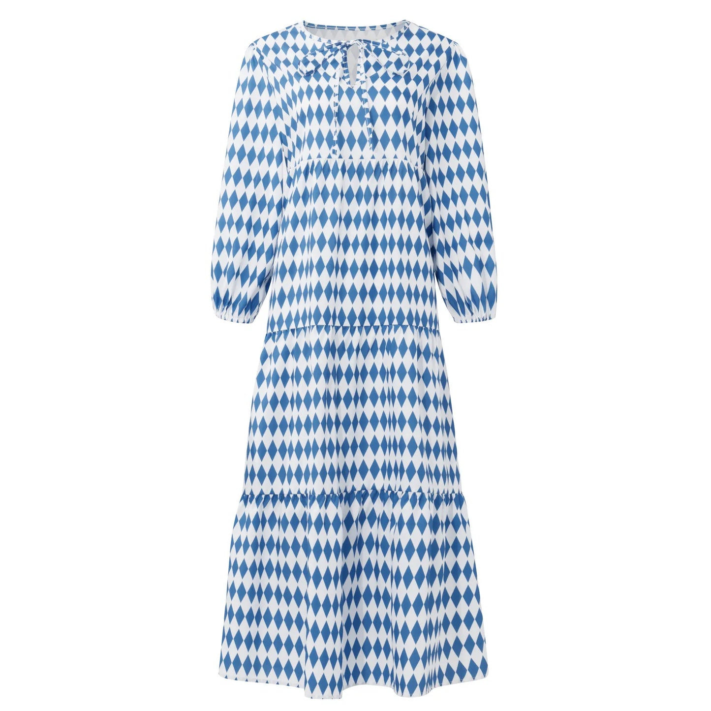 Women's Summer Casual Fashion Geometric Print Neckline Lace-up Bubble Middle-sleeves Ruffle Stitching Big Swing Long Losse Dress