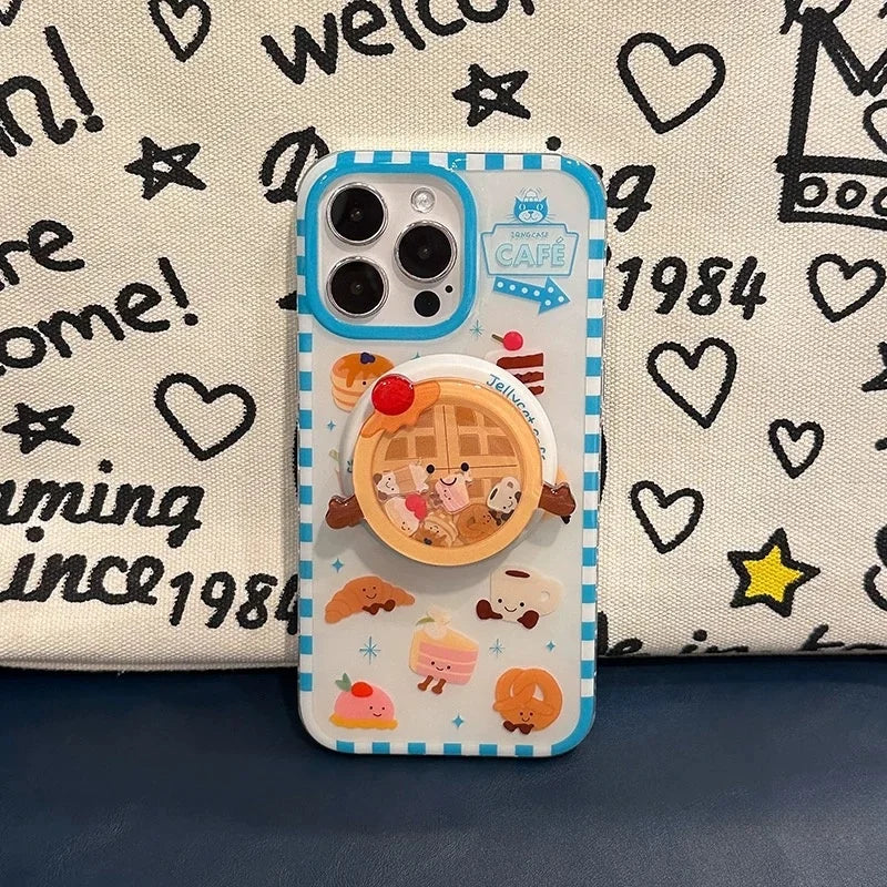 豪華でキュートなワッフルケーキのMagSafeワイヤレス充電ケース、iPhone 13 14 15 16 Pro Max用、面白い漫画ワッフルシェイクマグネットホルダー