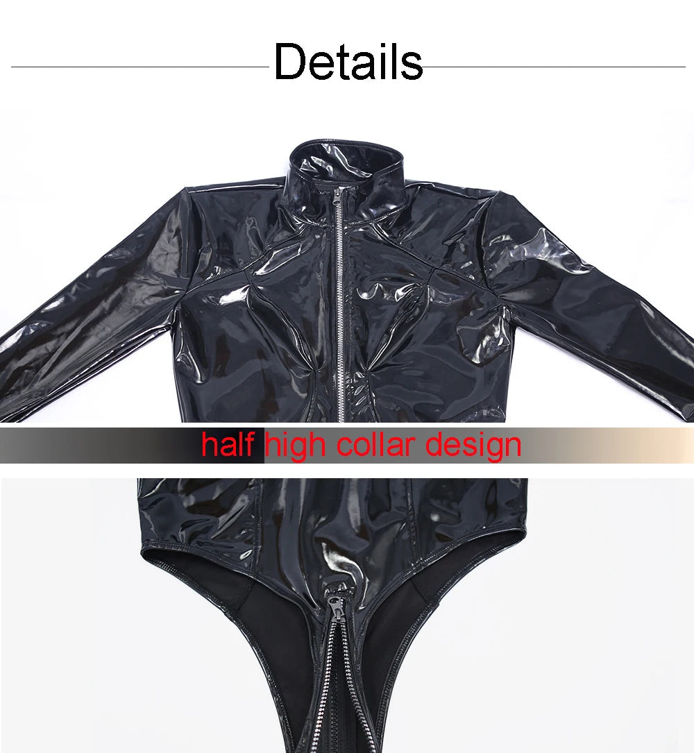 Shiny Faux PU Leather Zipper Open Crotch Bodysuit Wet Look PVC Catsuit Tight Sexy Body Teddies High Cut Swimsuit Leotard Unitard
