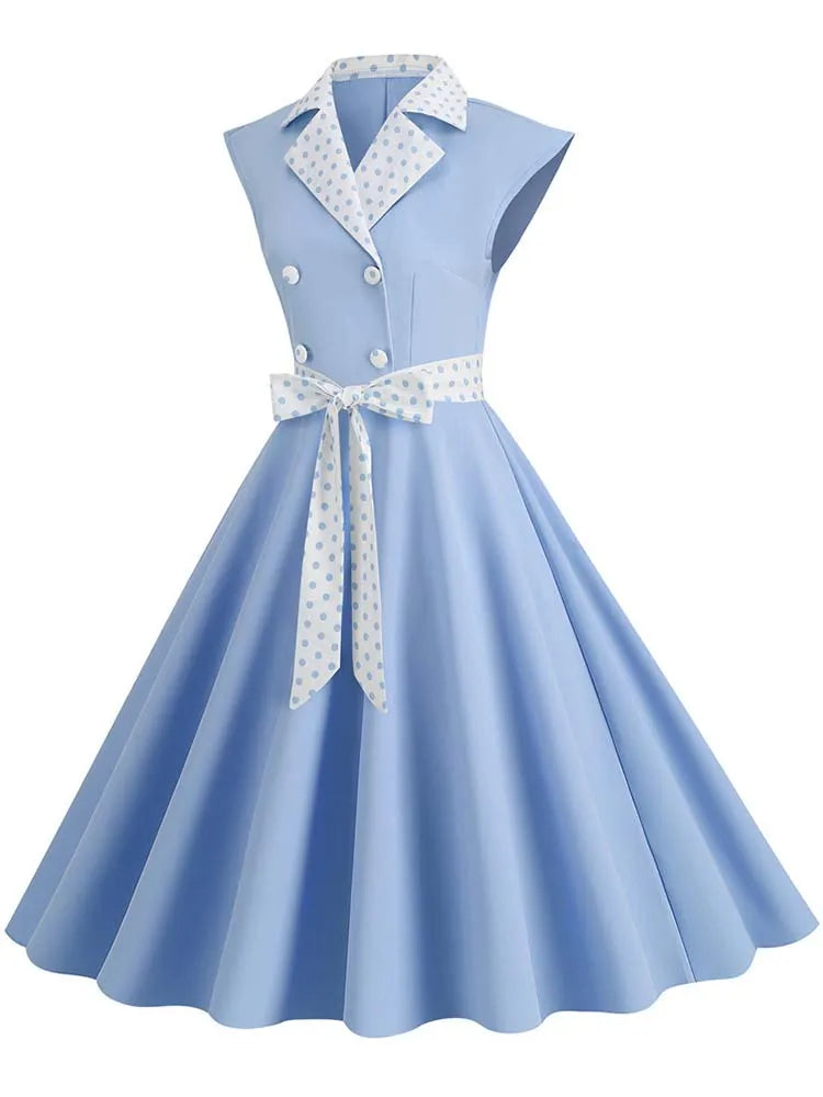 Notched Collar Vintage Solid Party Dresses Women Summer Sleeveless Belted Midi Swing Sundress