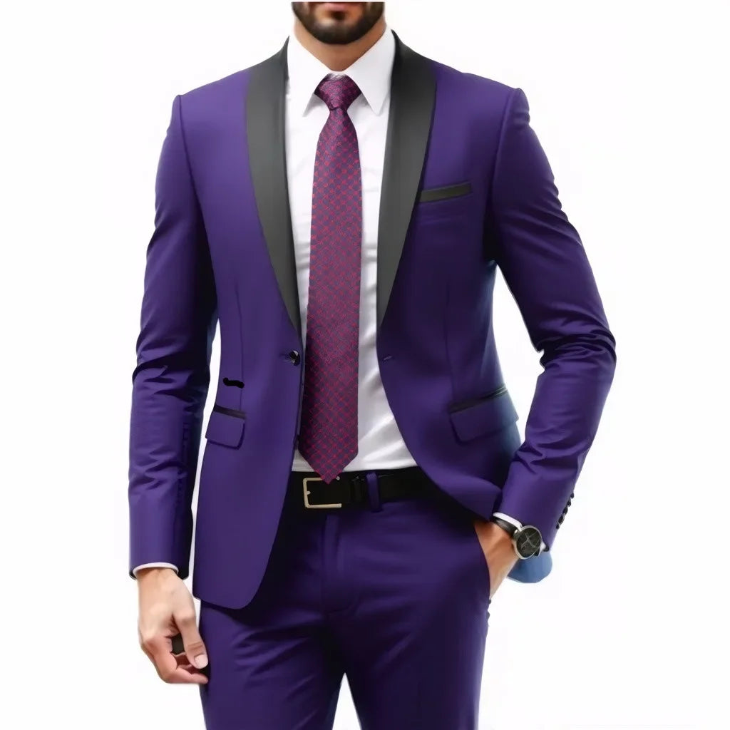 A Two-piece Suit for Men with A Green Collar, A Wedding Suit for The Groom, A Fitted Black Best Man's Suit, and A Wedding Dress