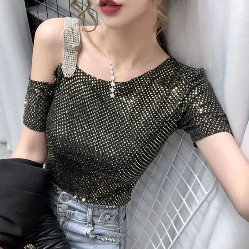 Sequin Off Shoulder Top Female Summer Outfit Clearance 2025 High Quality 90s Vintage Clothes Basic Women's Short Sleeve T-shirt