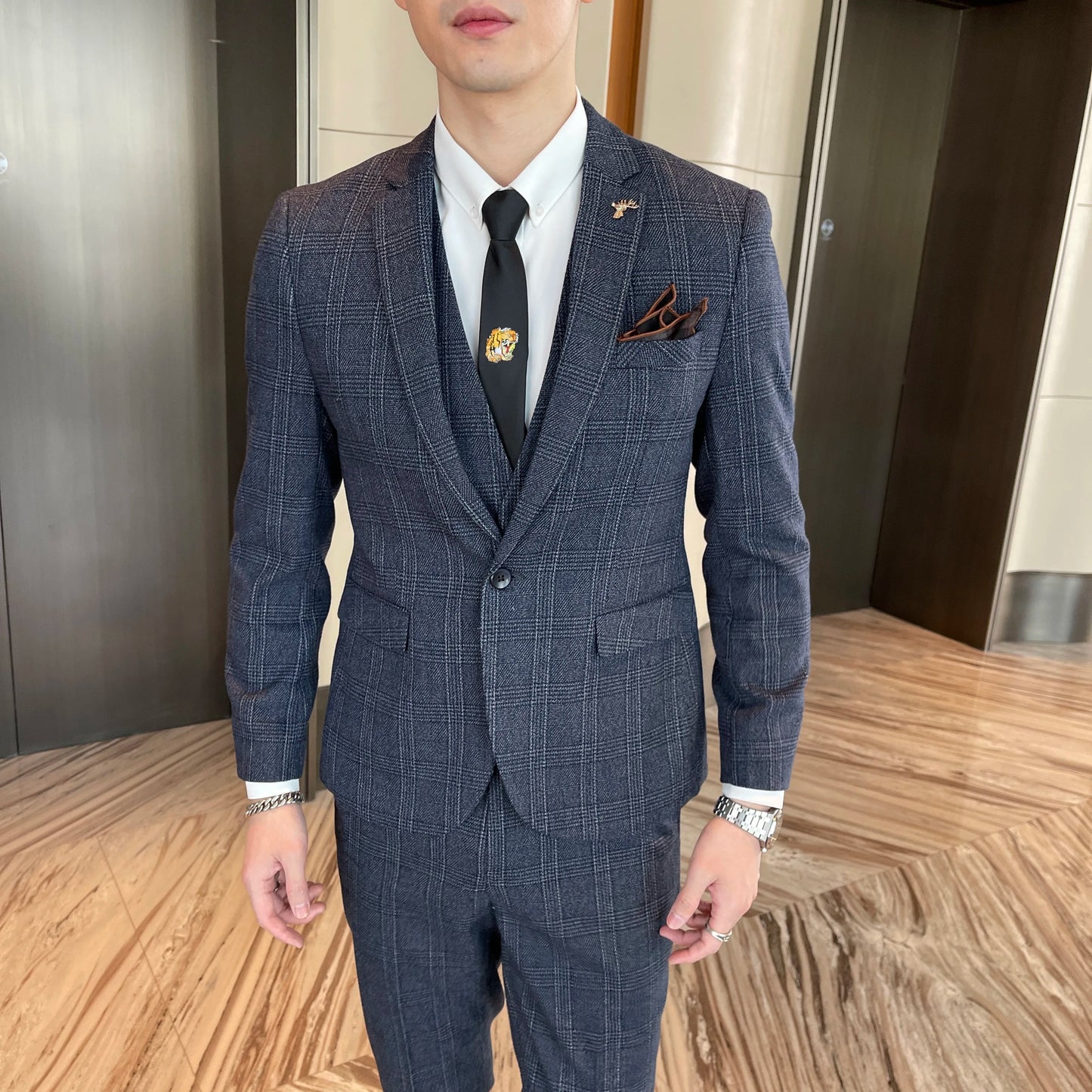 British Korean Style High Quality Modified Plaid Three-Piece Suit for Men - Stylish Business Casual Suit Vest And Trousers Set