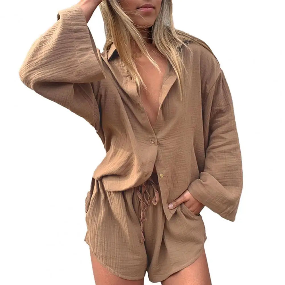 2 Pcs/Set Women Blouse Pants Set Solid Color Turn-down Collar Elastic Waist Deep Crotch Fall Shirt Shorts Suit Female Clothes
