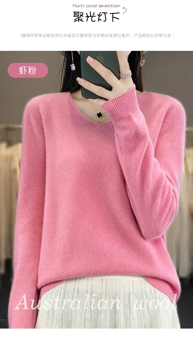 Women 100% Merino Wool Sweater V-Neck Basic Pullover Autumn Winter Cashmere Clothing Long Sleeve Soft Knitwear Tops Solid Color