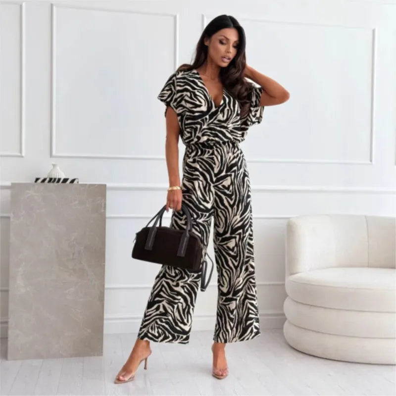 Summer Fashion Leopard Print Jumpsuit For Women Elegant Deep V-neck Rompers Office Overalls Casual Jumpsuits Streetwear Female