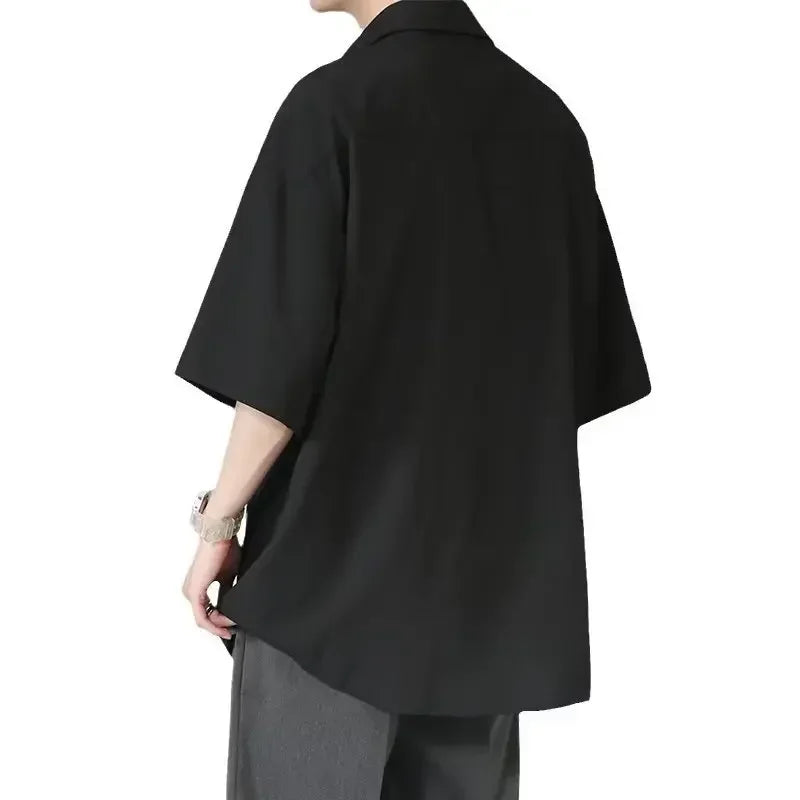 Men's Ice Silk Short Sleeve Shirt Casual Loose Fit Korean Style Trendy Black Shirt For Summer Thin Sleeve Casual