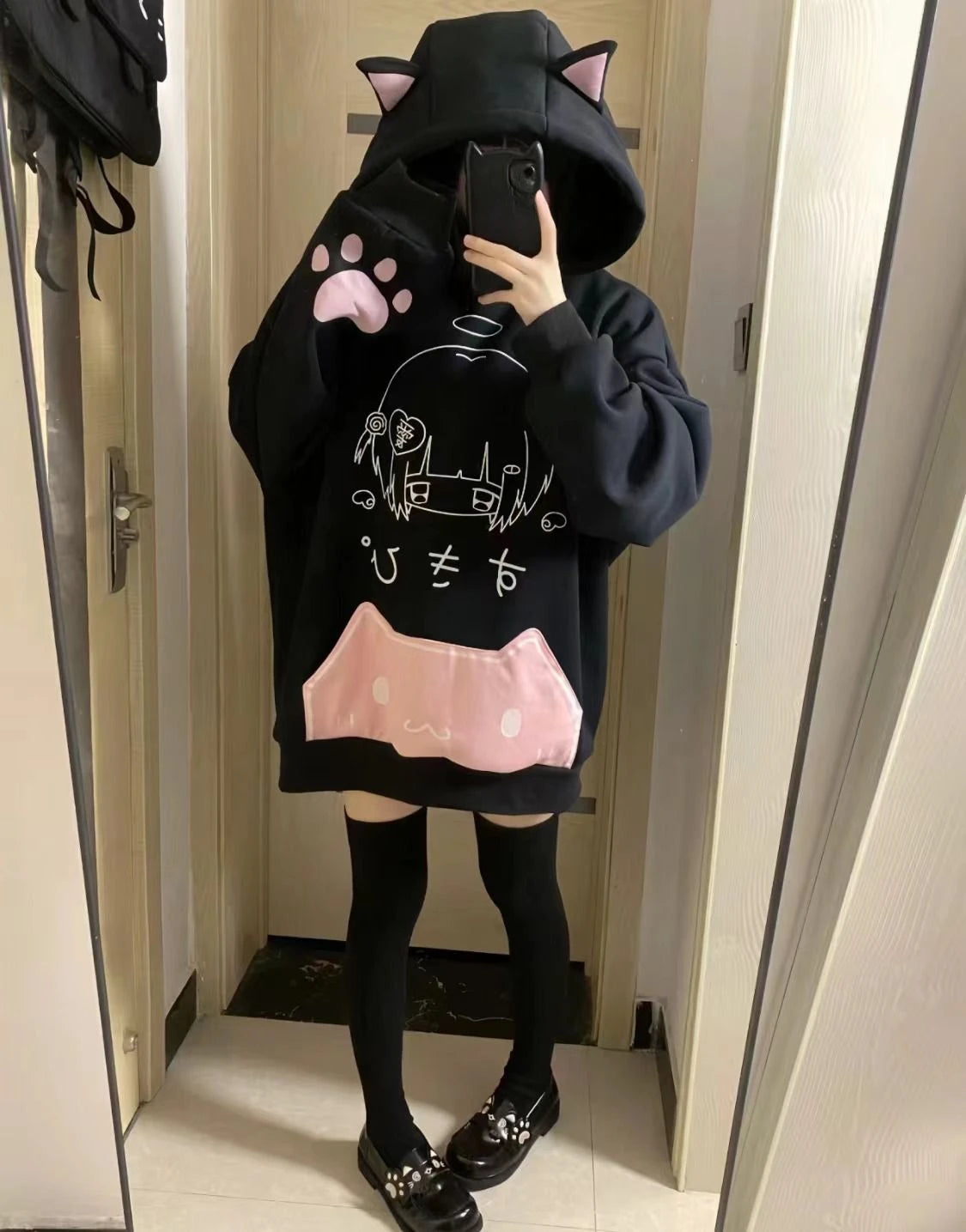 日本の漫画プリントフリースパーカー レディース 原宿ゴシック 猫耳 フード付き ヴィンテージ パーカー ストリートウェア Y2K 美的 スウェットシャツ