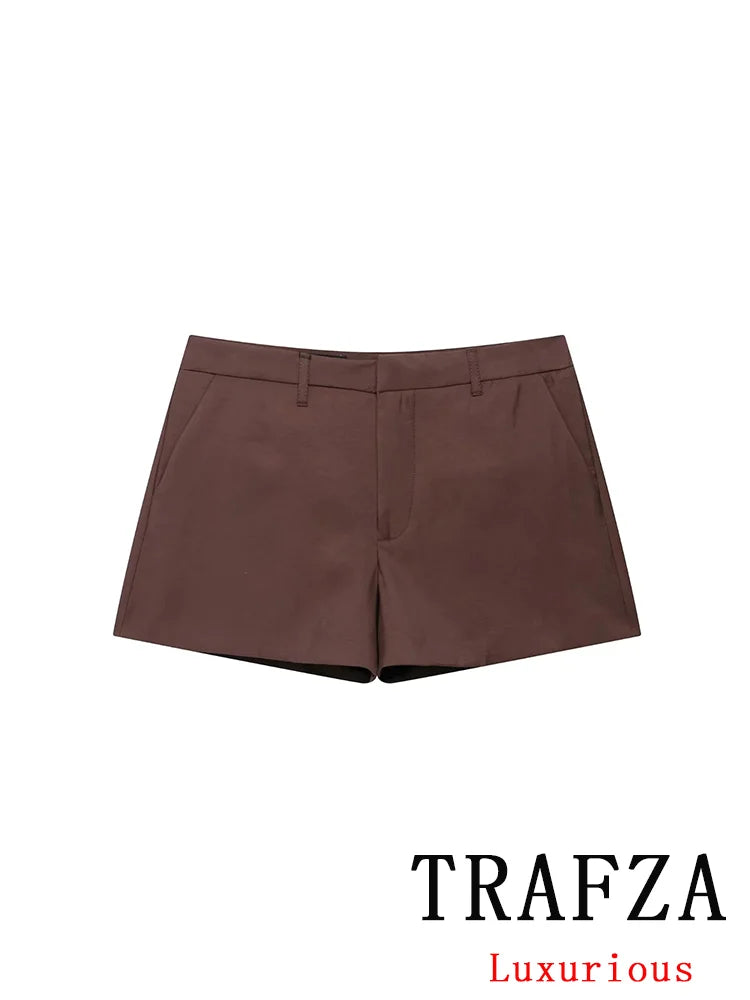TRAFZA Casual Office Lady Chic Women Suit Solid Sashes Single Breasted Blazer Zipper Shorts New Fashion 2025 Spring Summer Sets