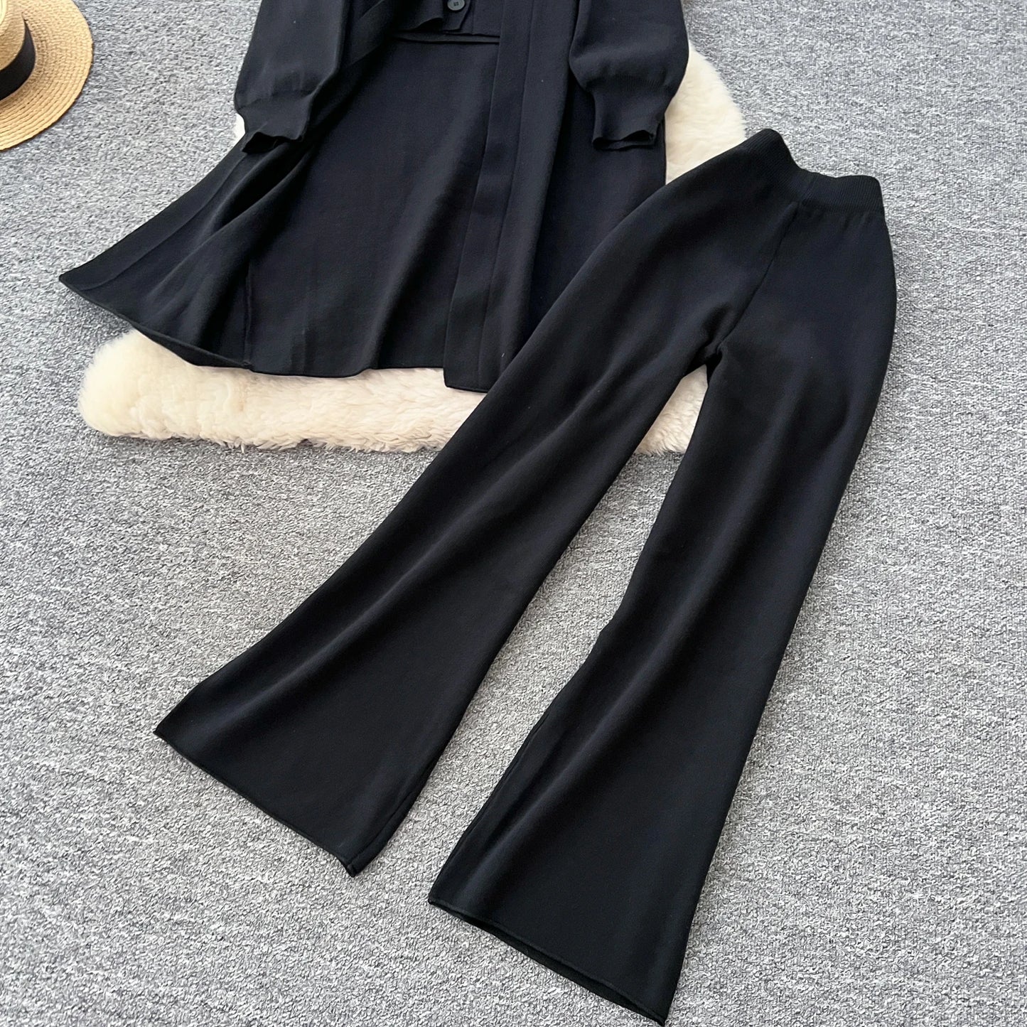 SINGREINY Autumn Knitted Warm Suits V Neck Buttons Vest+Full Sleeve Long Cardigans+Wide Legs Pants Women Solid Three Pieces Sets