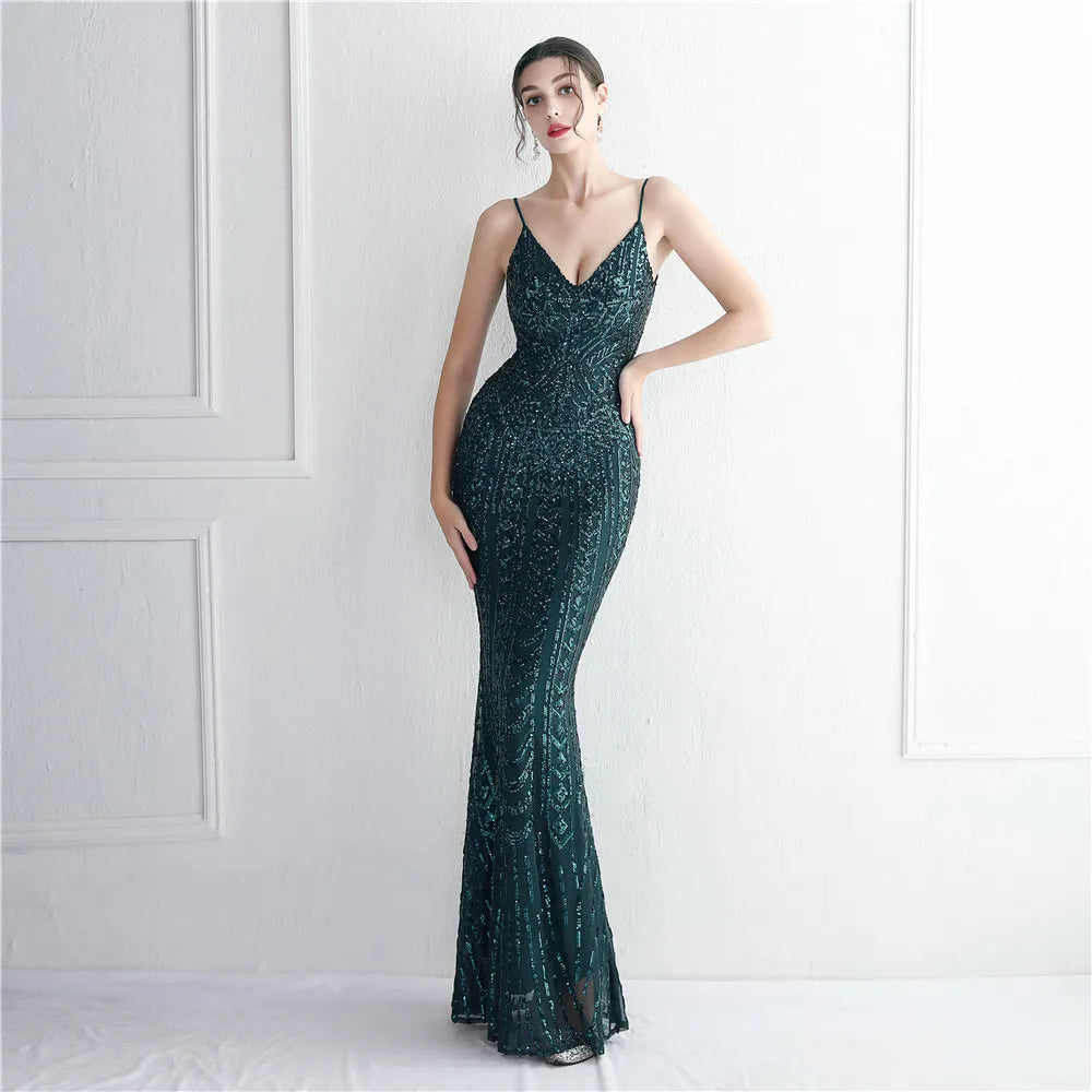 Women's Black Long Sleeve Padded Strap Sequin Dress Length, Sparkles Stretch, V Neck Mermaid, Formal Evening Dress, Night Party