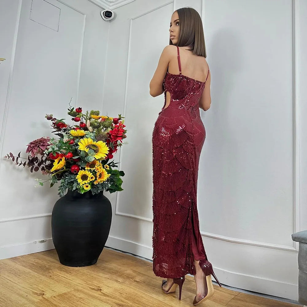 HLJ Sexy Sequin Hollow Bodycon Spaghetti Strap Evening Party Dresses Women Round Neck Sleeveless Slim Vestidos Fashion Clothing