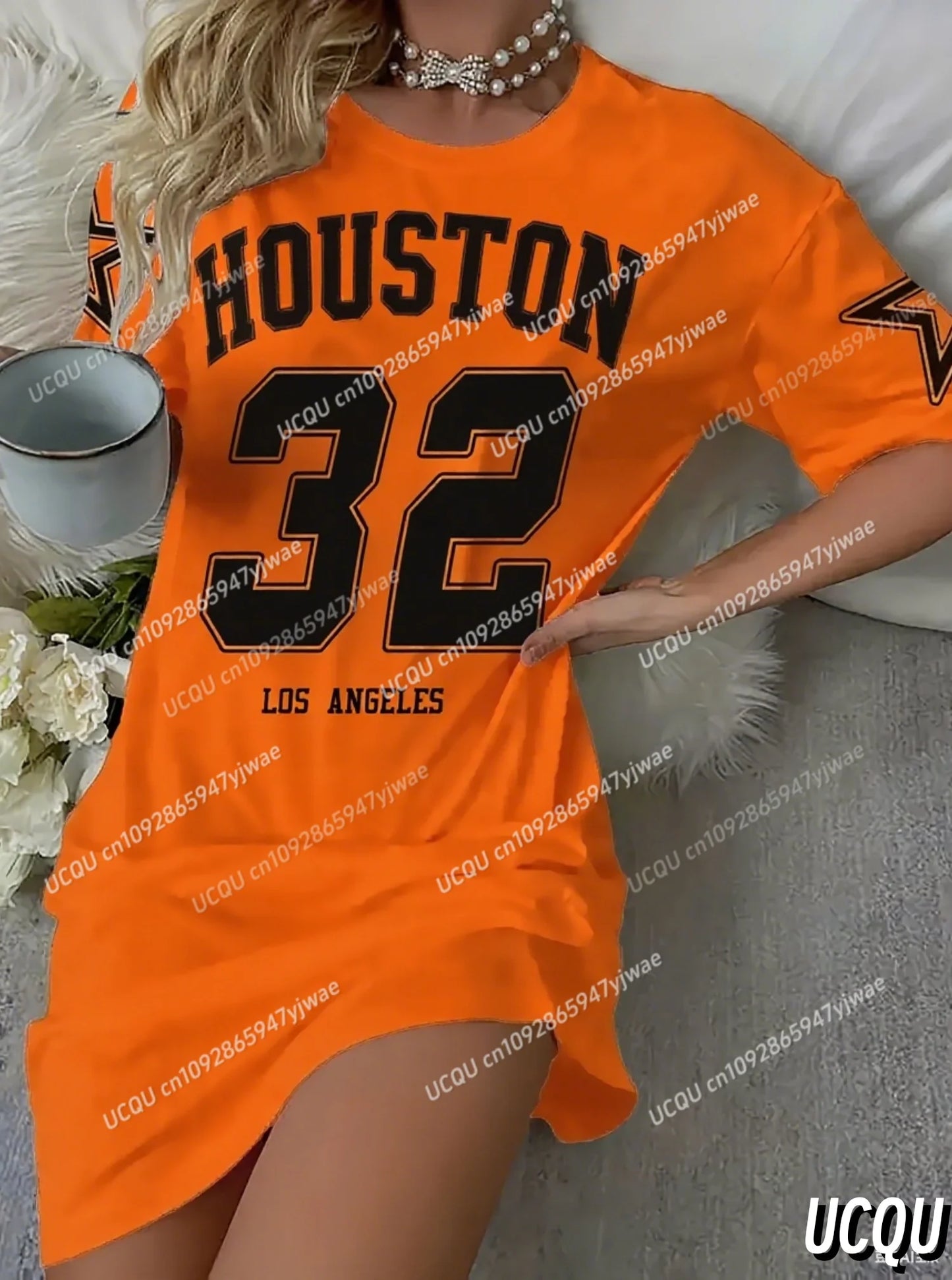 2025 Summer Women HUSTON 32 T-Shirt Dress Loose Casual O-Neck Lady Short Sleeve Pullover Dresses Women Clothing