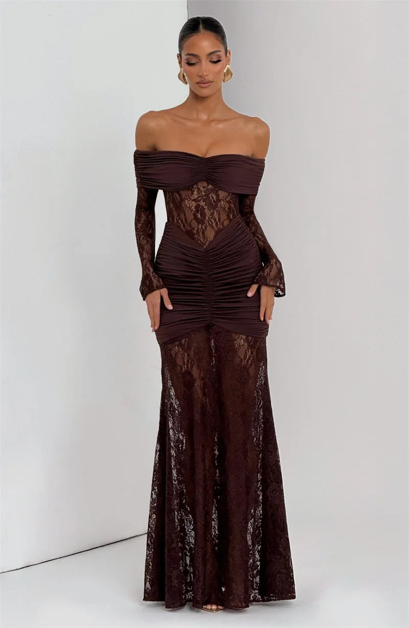 Mozision Off-shoulder Long Sleeve Sexy Maxi Dress Women Fashion Lace See Through Strapless Backless Bodycon Club Party Dresses