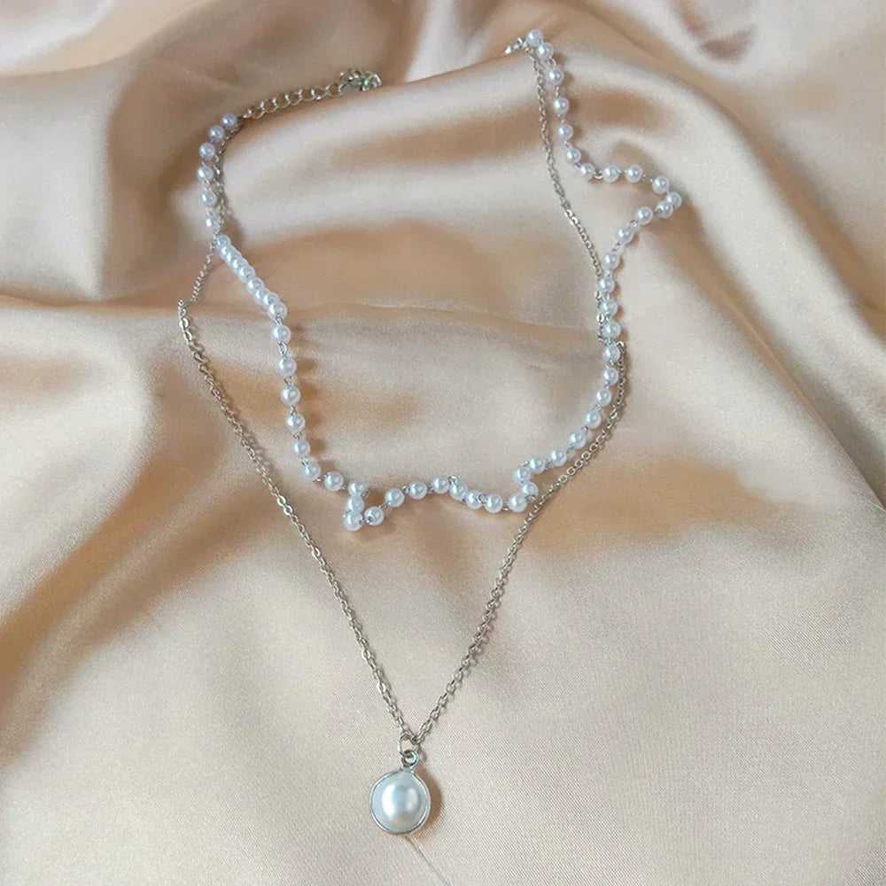 Pearl Dainty Adjustable Double Layer Chain Pendant Necklaces Gold Plated Pearl Tiny Chain Delicate Mother's Valentine Jewelry