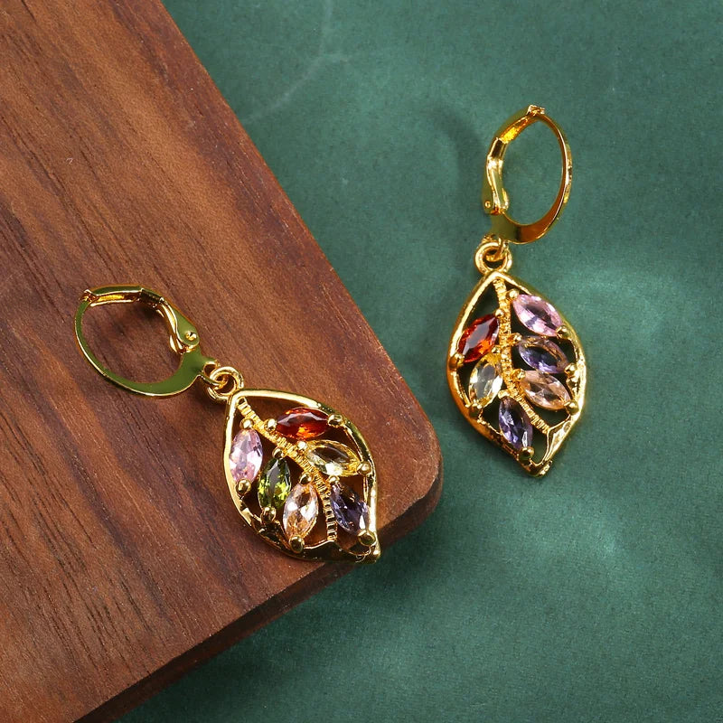 Fashionable Golden Leaf Inlaid Colored Zircon Earrings for Women, Exquisite Jewelry, Valentine's Day Gift