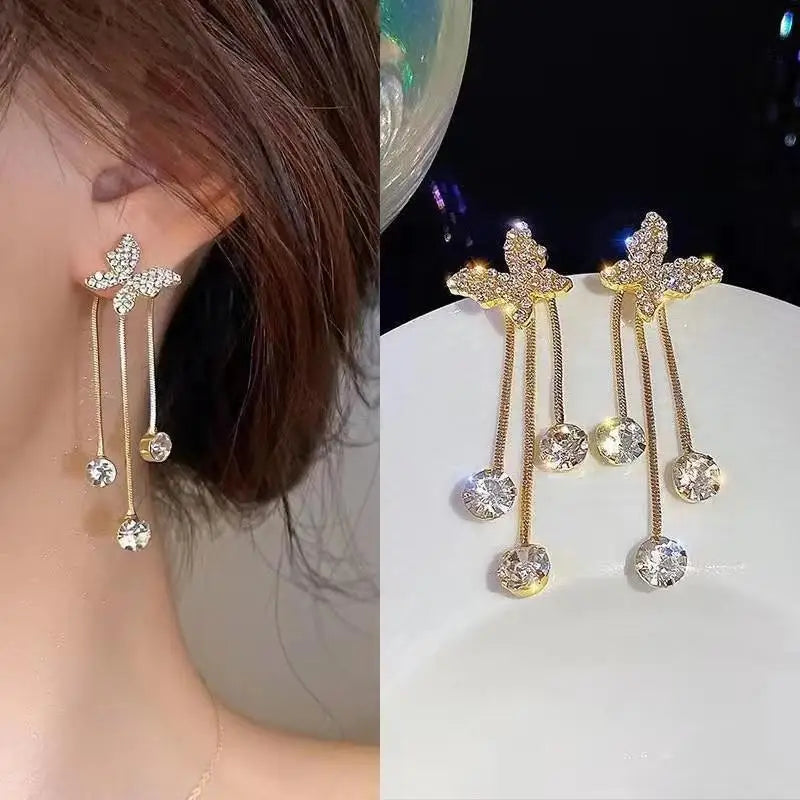 925 Silver Needle Blue Purple Butterfly Long Tassel Earrings For Women Jewelry 2025 Trending New Korean Crystal Drop Earrings