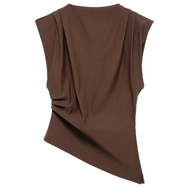 TRAF 2025 Women Top Ruffled Asymmetric Tops For Women Tanks & Camis Ruched Sleeveless Tops Vest Burgundy Brown Black Tank Tops