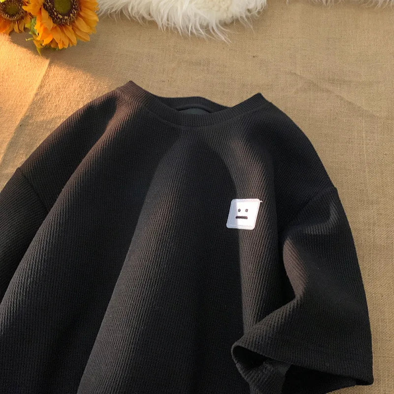 メンズ サマー アメリカン レトロ ワッフル 半袖 Tシャツ 厚手 無地 大きいサイズ 通気性 ゆったり カジュアル 半袖
