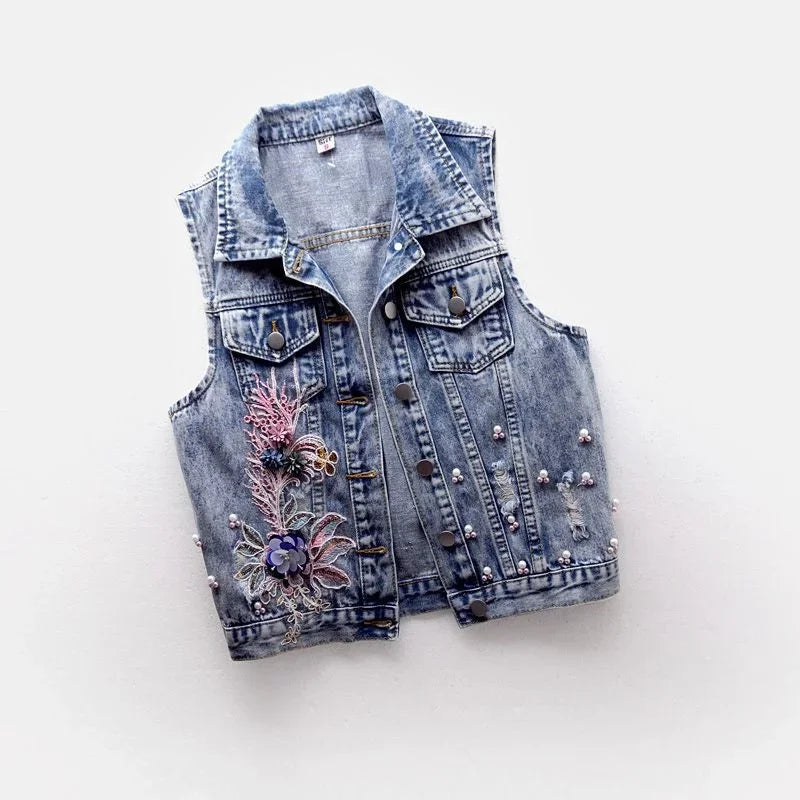Women Denim Vest Jacket New Autumn Embroidery Beads Sleeveless Vintage Hole Jeans Vest Jacket Overcoat Female Tops Waistcoat