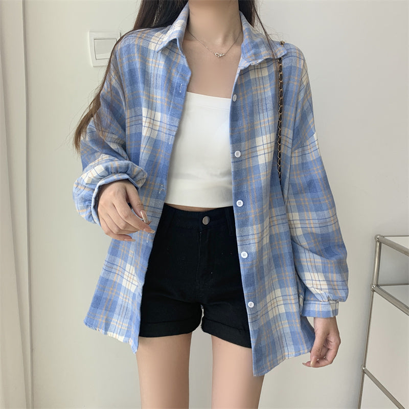 Women Tartan Shirt Long Sleeve Collared Button Up Oversized Plaid Shirt Jacket Grunge Fashion Teenage Girl Spring Summer Outfit
