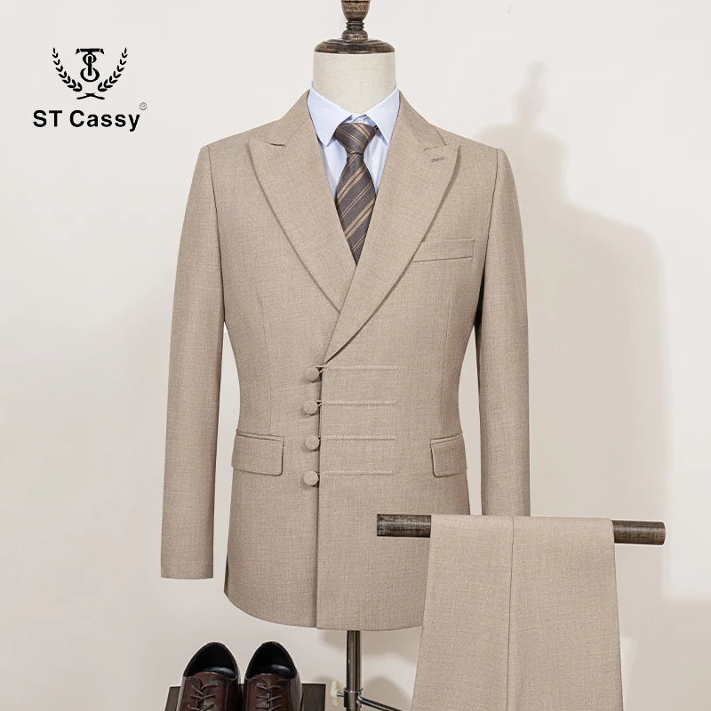 ST Cassy Elegant man suit for wedding peach Slim Fit Double Breasted Multiple buttons Casual Business man 2 piece outfit set