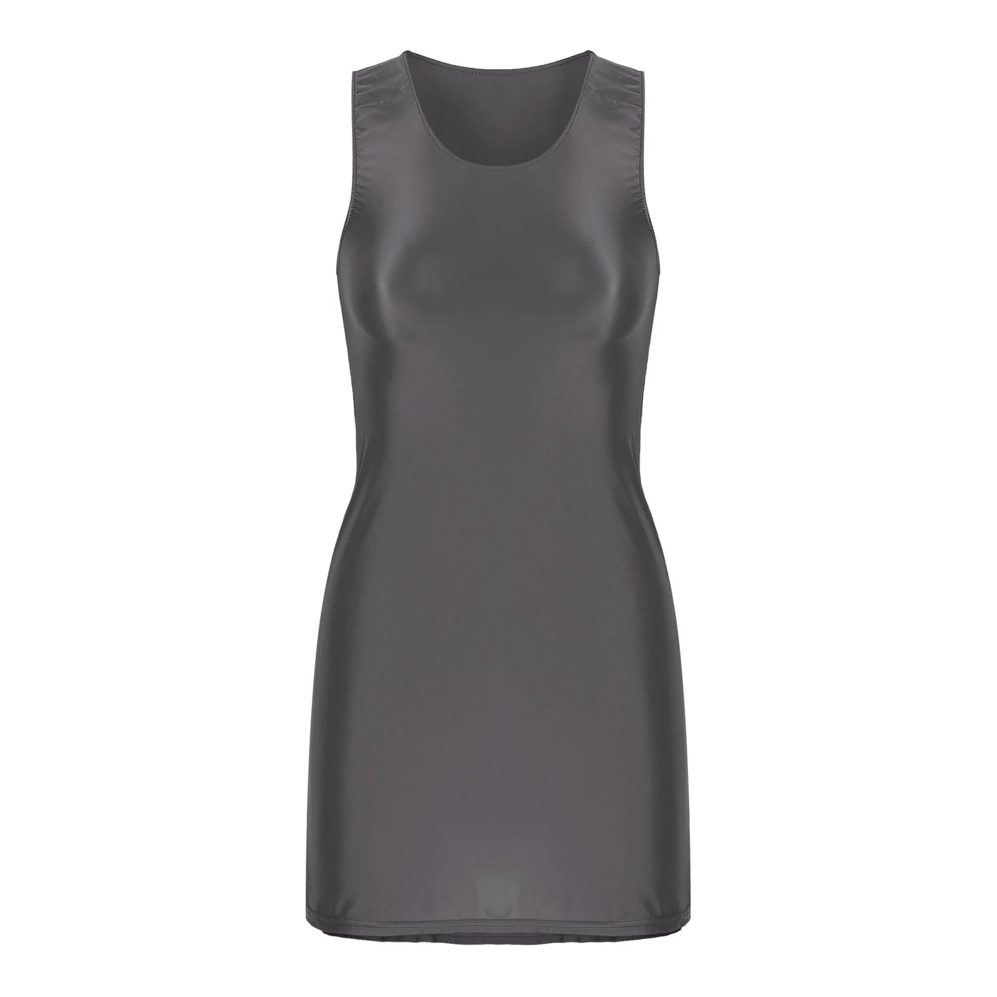 Women's Oil Glossy Stretch Tank Mini Dress Solid Color Sleeveless Tights Bodycon Short Dress Stretch U Neck Party Sundress