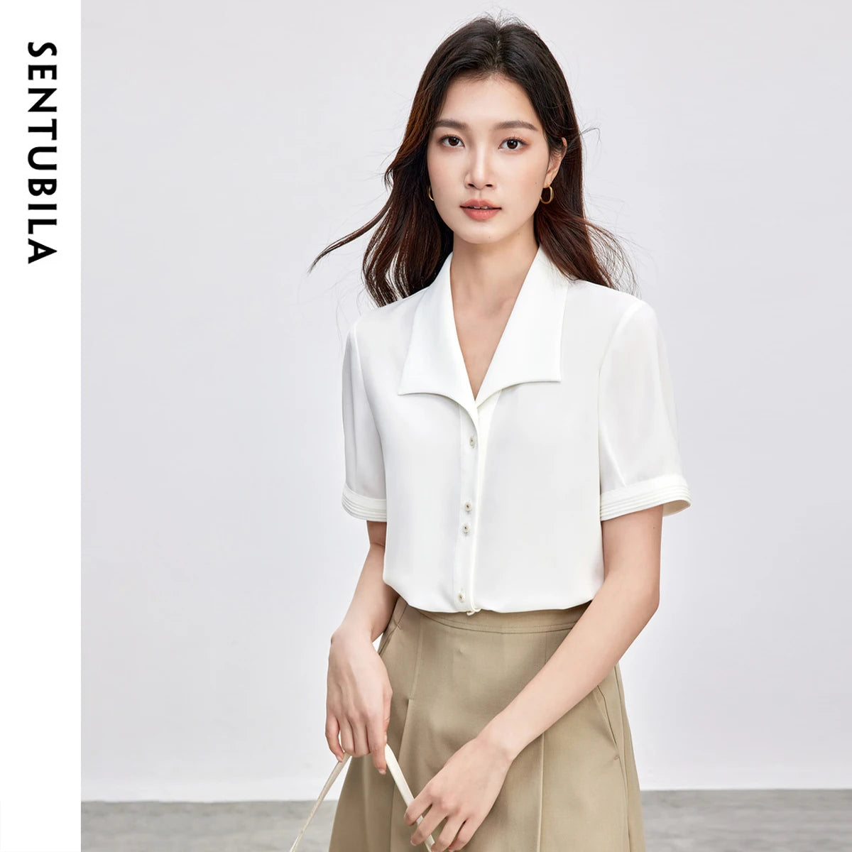SENTUBILA Turn Down Collar Shirt Women Summer 2025 Twill Texture Chic Button Short Sleeve Elegant Solid Woman Blouse 152C87931