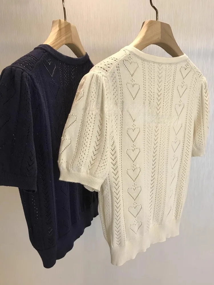 2025 Knitted Love Hollow Out Cardigans Women Summer Puff Sleeve Cropped Sweater Korean Single Breasted Fashion Woman Clothes