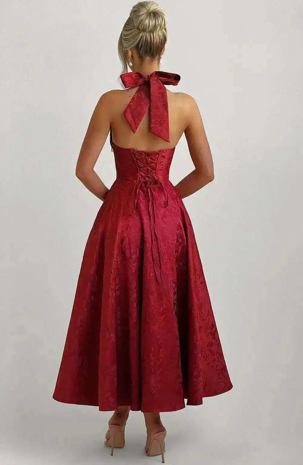 Giyu Club Evening Party Dresses Women 2025 Summer Sexy Bow Halter Long Dress Elegant Jacquard Lace Up Backless Birthday Robe