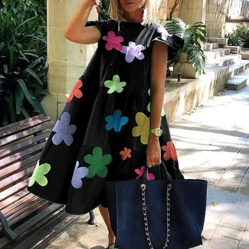 Summer Fashion Boho Print Dress Lady Casual O-Neck Pullover Ruffles Short Sleeve Loose Dresses For Women Holiday Beach Dress New