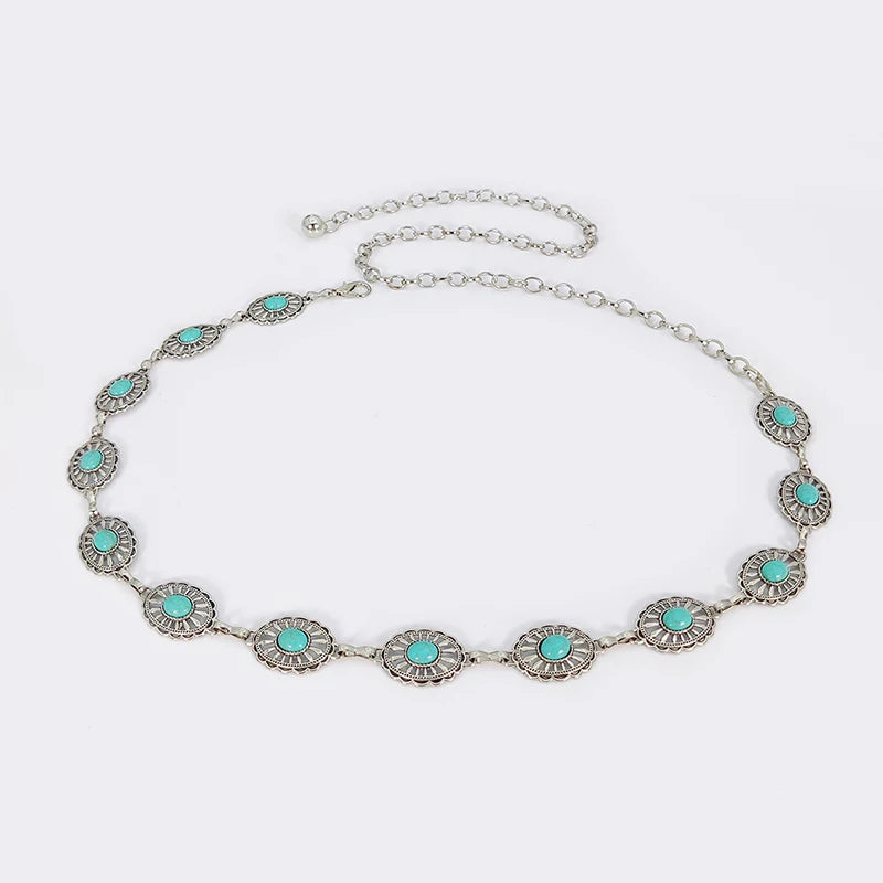 Fashion Silver Bohemian female circular waist chain luxury blue gemstone Ellipse chain belts for women suitable for Skirts dress