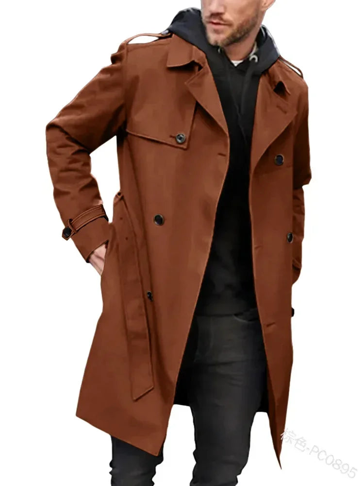 European and American Men's Lapel Slim Fit Double-Breasted Casual Coat Spring and Autumn Solid Color Long Sleeve Windbreaker