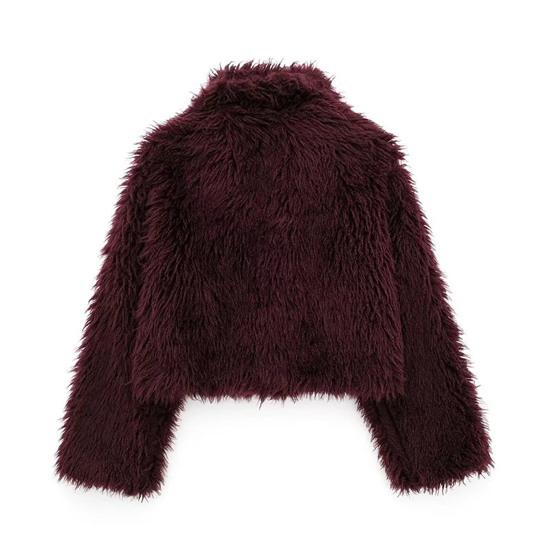 Koekop Women's Fashion Burgundy Asymmetric Thick Collar Fur Coat Vintage Casual Chic Temperament Lady Short Jacket