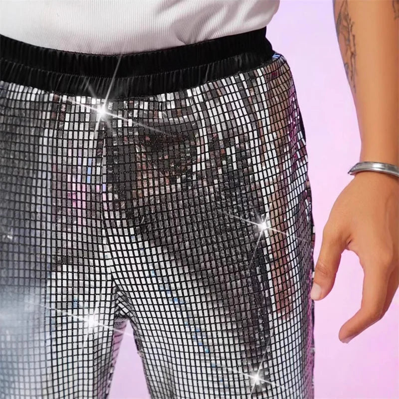2025 Summer New Men's Luxury Casual Pant Fashion Singer Bar KTV Stage Performance Loose Breathable Silver Trousers
