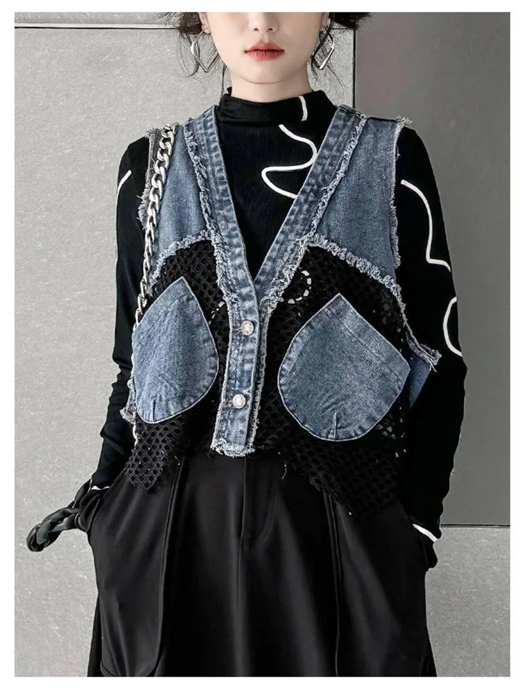 Grid Stitching V-Neck Denim Vest Women's Summer Fried Street Fashion Brand Loose Burrs Short Sleeveless Vests Jackets Female