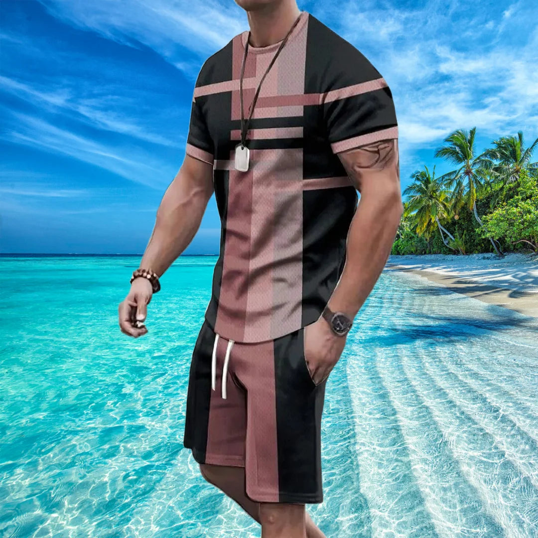 Men Patchwork 3d Printing Short Sleeve Shorts Suit Summer Outdoor Sportswear Casual Fashion Sets Sweat Absorbent and Comfortable
