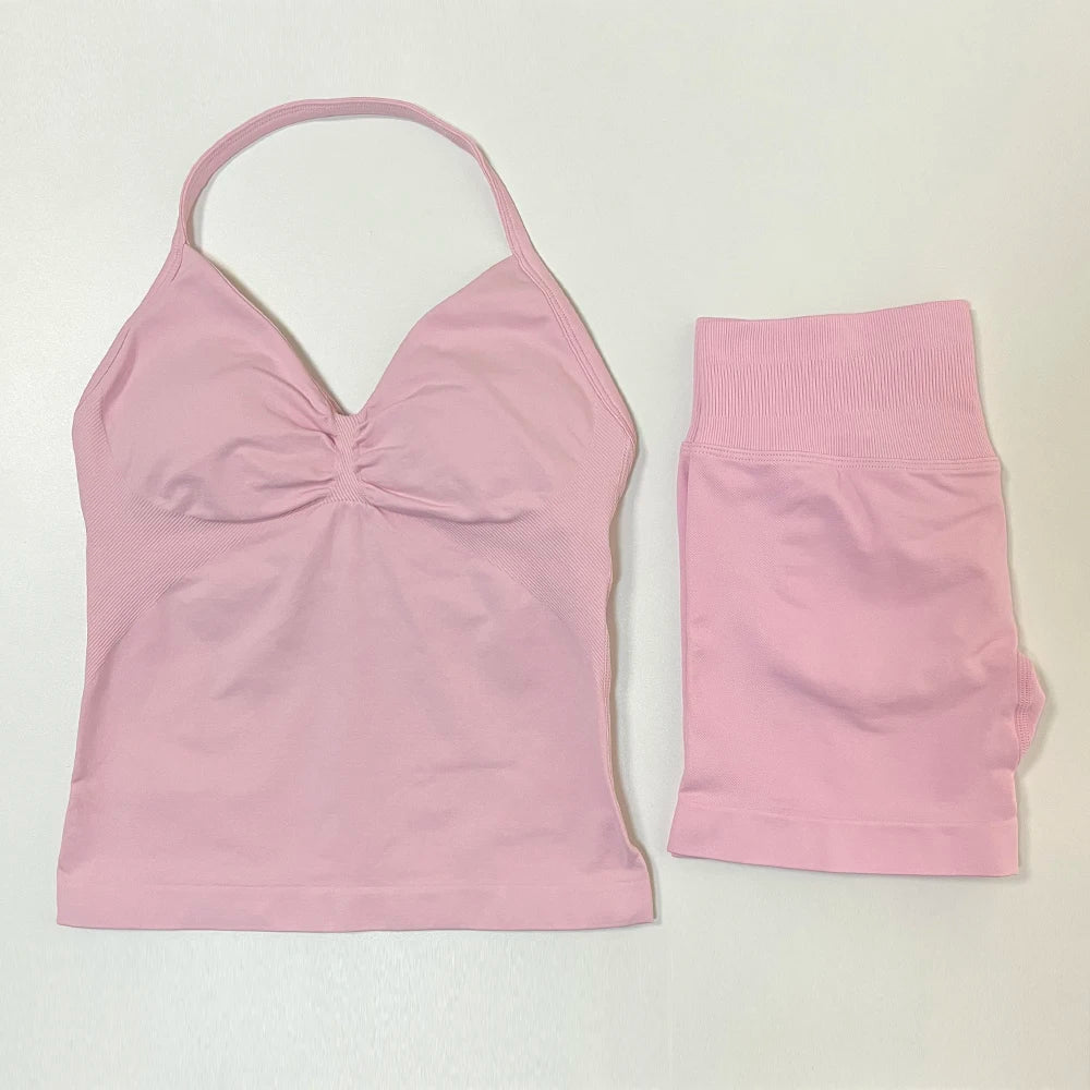 2pcs Gym Set Women Backless Tank Top and Scrunch Seamless Yoga Shorts Suits Fitness Yoga Set Activewear Workout Sets Sports Suit