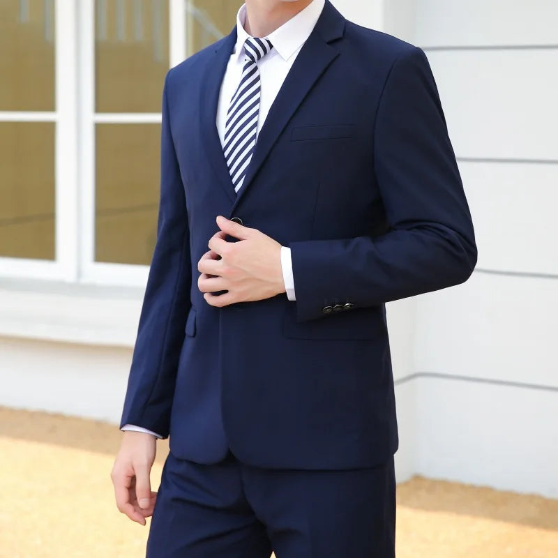 Suit (Blazer+pants) Fashion Business Gentleman Italian Style Slim Solid Color Professional Suit Wedding Groom Best Man Suit