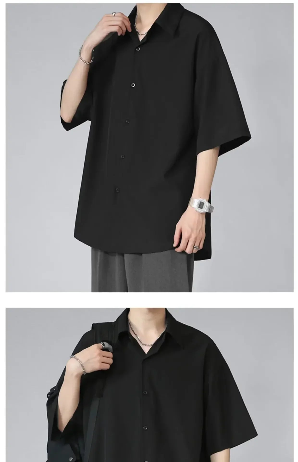 Men's Ice Silk Short Sleeve Shirt Casual Loose Fit Korean Style Trendy Black Shirt For Summer Thin Sleeve Casual