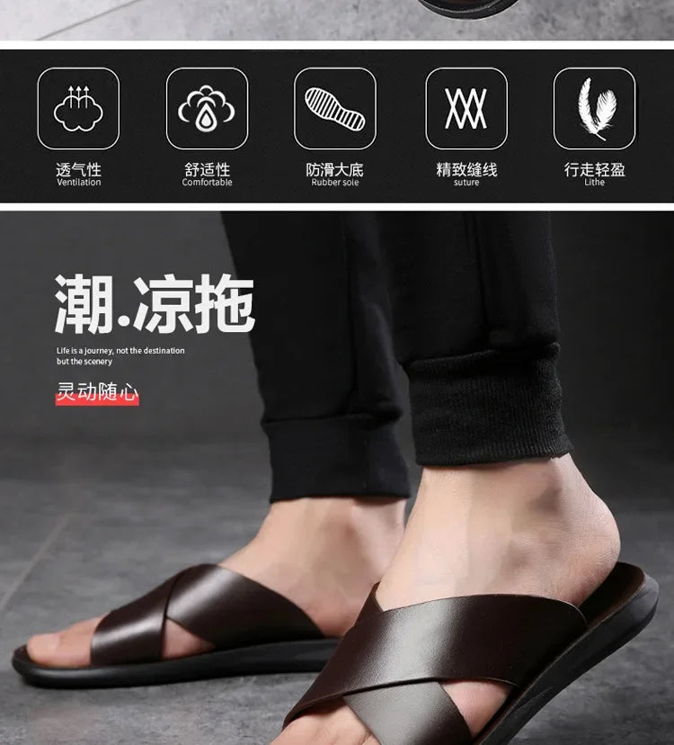 Sandals for Men Slippers Genuine Leather Luxury Brand Fashion Men Flats Casual Non-slip Beach Sandalia Zapatos Hombre 2024